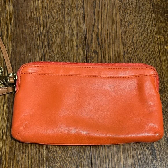Coach Orange Leather Wristlet with Pink Charm and Brown Strap - Picture 2 of 3